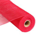 A roll of 10" Wide Red Deco Poly Mesh RE130224, crafted in vivid red polypropylene and partially unrolled to display its flexible, open-weave texture, is tightly wound around a sturdy cardboard spool and measures 10 yards in length.