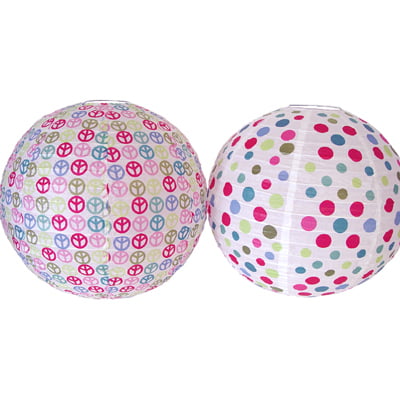 Round Paper Lantern Peace Symbol and Polka Dots Set of 2 P4896