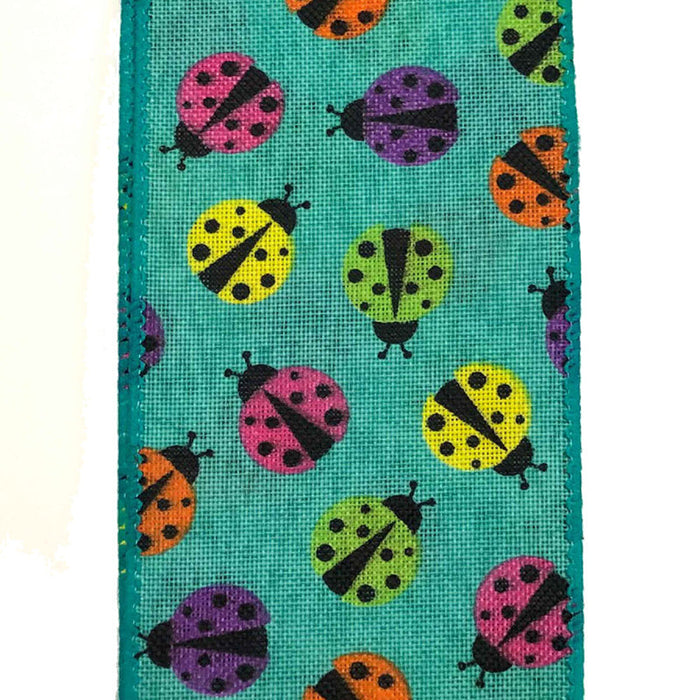 2.5" Teal Linen Multicolor Ladybug Ribbon Q917740-33