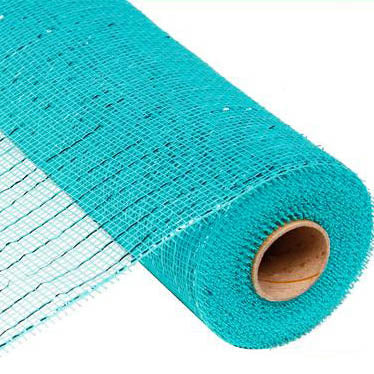 The 10" Aqua Dark Turquoise Metallic Deco Poly Mesh, with its fine grid pattern, is partially unrolled and supported by a cardboard tube at its center.