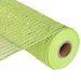 A striking roll of 10" Apple Lime Green Foil Metallic Deco Poly Mesh (RE130171) slightly unfurled to showcase its textured design. The mesh features a subtle sparkle from glitter or metallic threads and is positioned at an angle on a simple white background.