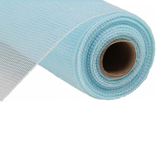 A roll of the 10" Light Blue Deco Poly Mesh RE130214, crafted from polypropylene and featuring a cylindrical cardboard core, is partially unrolled on a white surface. The grid-like pattern highlights its lightweight and flexible properties.