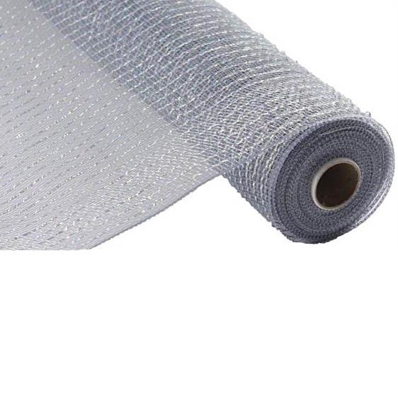 A close-up of a roll of the 10" Platinum Laser Silver Wide Foil Deco Poly Mesh RE136684, partially unrolled, highlighting its textured surface and metallic sheen. This mesh is displayed from a side angle, unveiling the core within its gleaming layers.