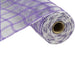 The 10.5" Purple Faux Jute Check Mesh RY830623 exhibits a white base adorned with purple checkered patterns. Constructed from polypropylene, this slightly transparent material is tightly rolled, highlighting its textured surface.