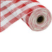 The 10.5" Red White Faux Jute Cotton Check Mesh RY830749 is a roll of fabric with a classic checkered design, featuring red and white alternating stripes on a material that has a woven texture similar to faux jute.