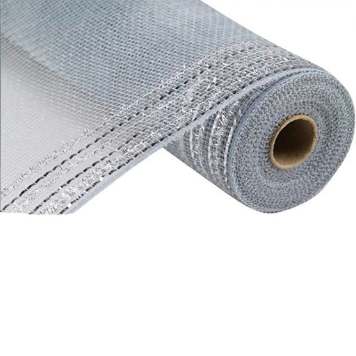 A roll of the 10.5" Silver Tinsel Foil Wide Border Deco Mesh RY850726 is partially unrolled, revealing a fine, grid-like design with a subtly reflective silver surface. The fabric's neatly cut edges are apparent, and the interior cardboard core is visible.