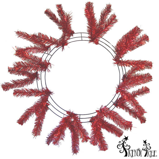 Explore the Trendy Tree Work Wreath 24 Dark Red Metallic XX749524, featuring an evenly spaced tinsel base on a sturdy frame. Perfect for holiday creations, it showcases the Trendy Tree logo in the lower right corner.